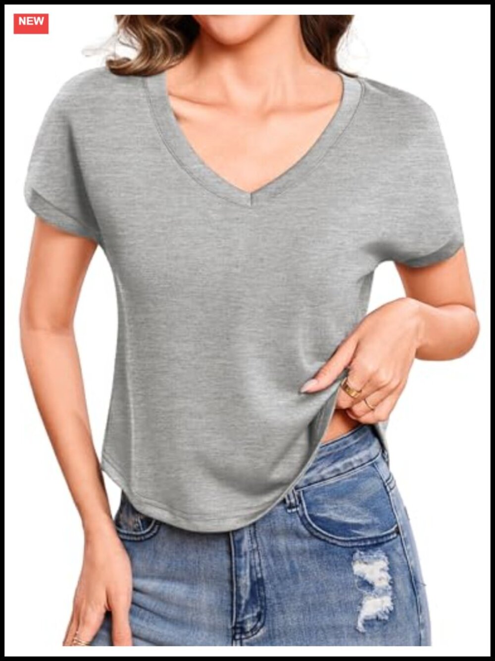 Cropped V Neck Cap Sleeve Tee Boxy Fit Rayon Blend Summer Casual Top